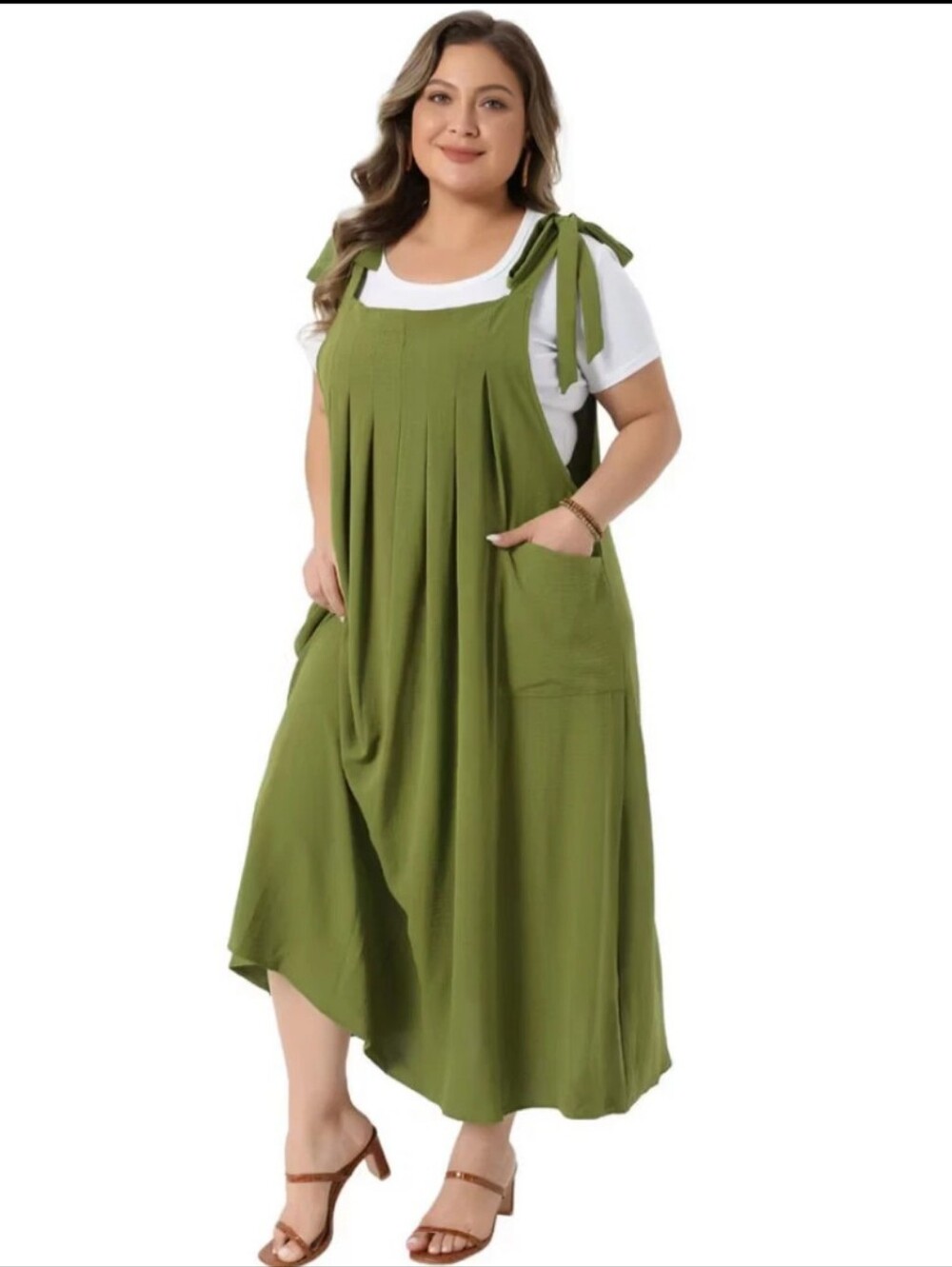 NWT  Green Tie Shoulder Pinafore Maxi Dress 3X Plus Size Pockets - Picture 4 of 7